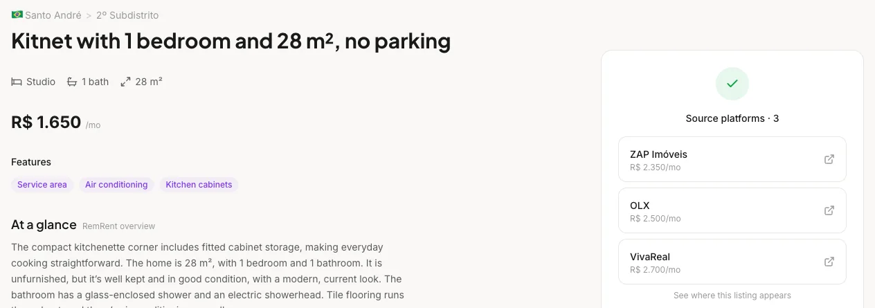A RemRent listing card built from every source — feature tags plus the source platforms it was found on.