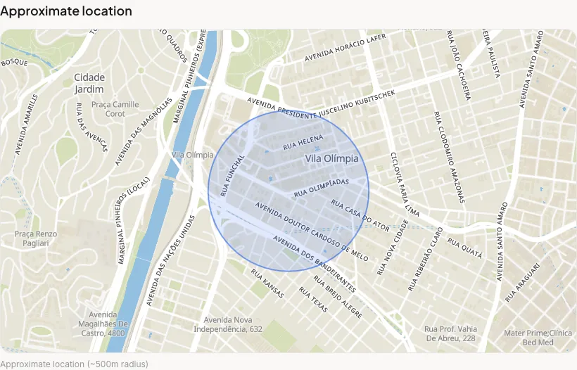 A privacy-safe map showing an approximate neighborhood-level area, with no exact pin.