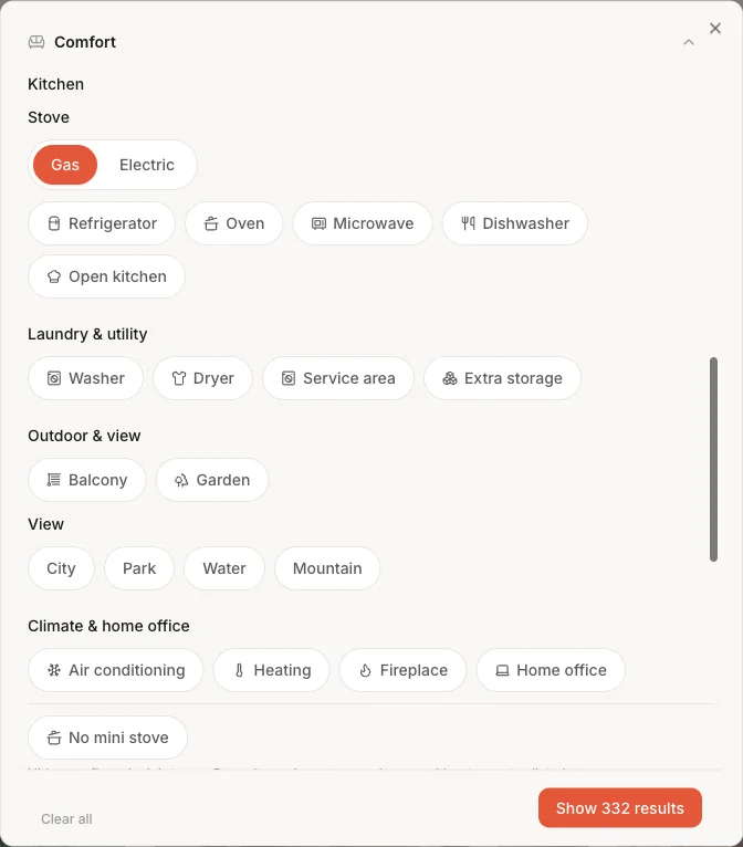 RemRent filter panel: stove type (gas or electric), view, appliances and climate filters, each read from the listing.
