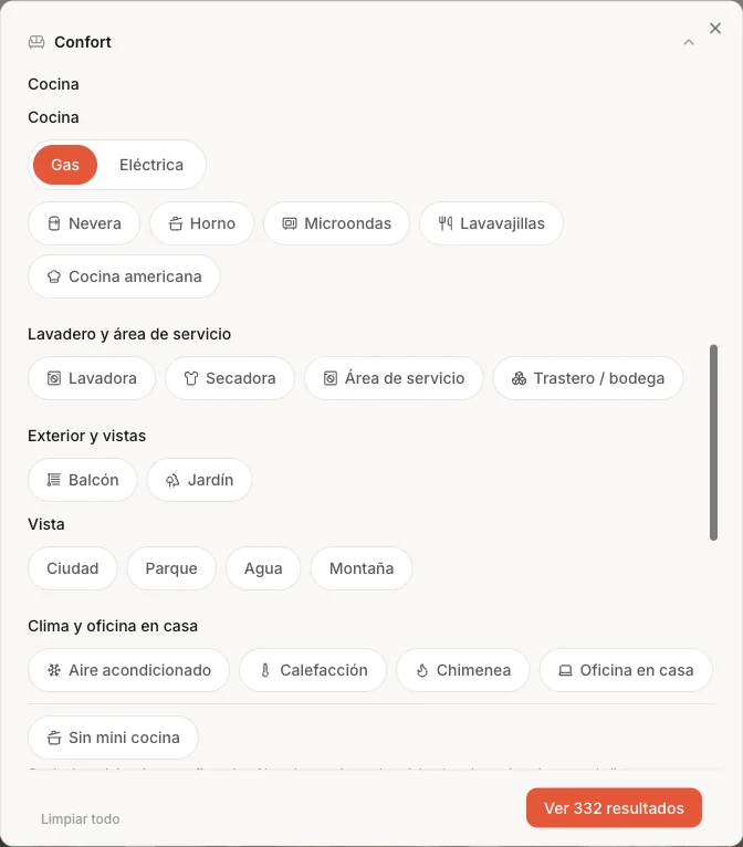 RemRent filter panel: stove type (gas or electric), view, appliances and climate filters, each read from the listing.