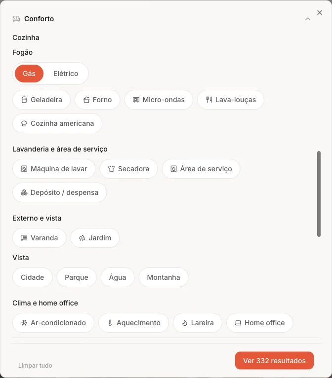 RemRent filter panel: stove type (gas or electric), view, appliances and climate filters, each read from the listing.
