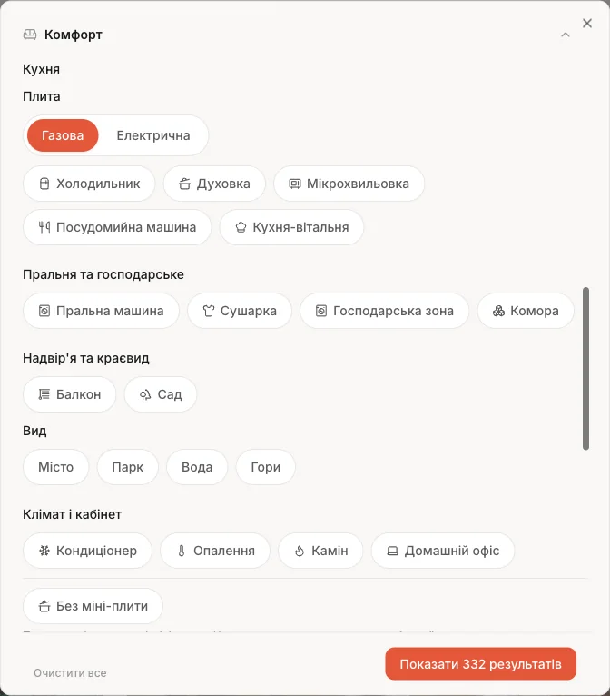 RemRent filter panel: stove type (gas or electric), view, appliances and climate filters, each read from the listing.