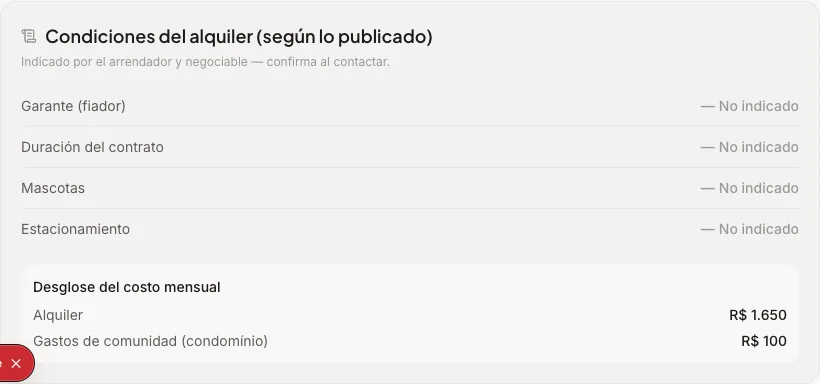 Una ficha de RemRent con el desglose del costo mensual, las condiciones del contrato marcadas como indicadas o sin especificar, y las comodidades del edificio.