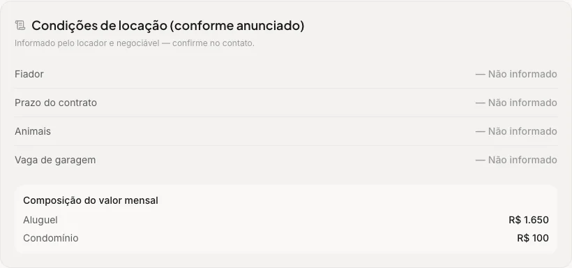 Um anúncio do RemRent com o detalhamento do custo mensal, as condições do aluguel marcadas como informadas ou não informadas e os itens do condomínio.